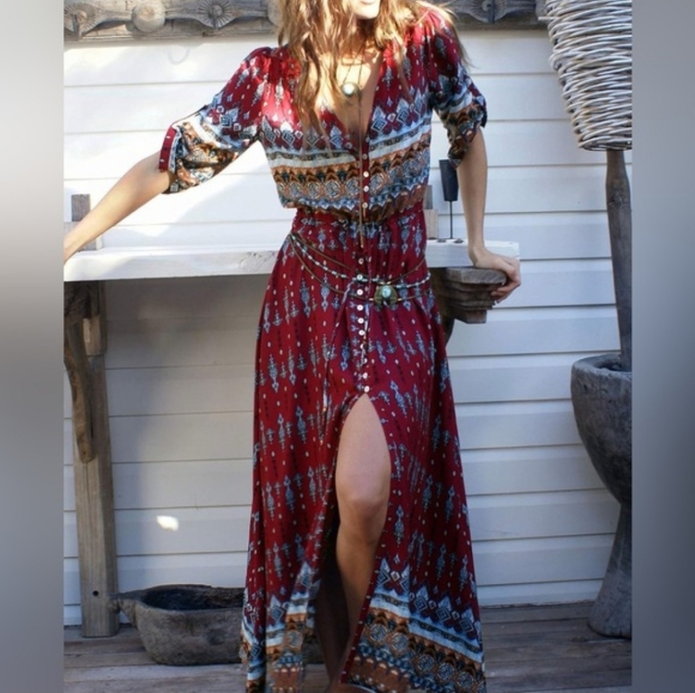 Bohemian Red Maxi Dress Button Front Print Slit Boho Duster Cardigan Casual XL - Picture 5 of 12